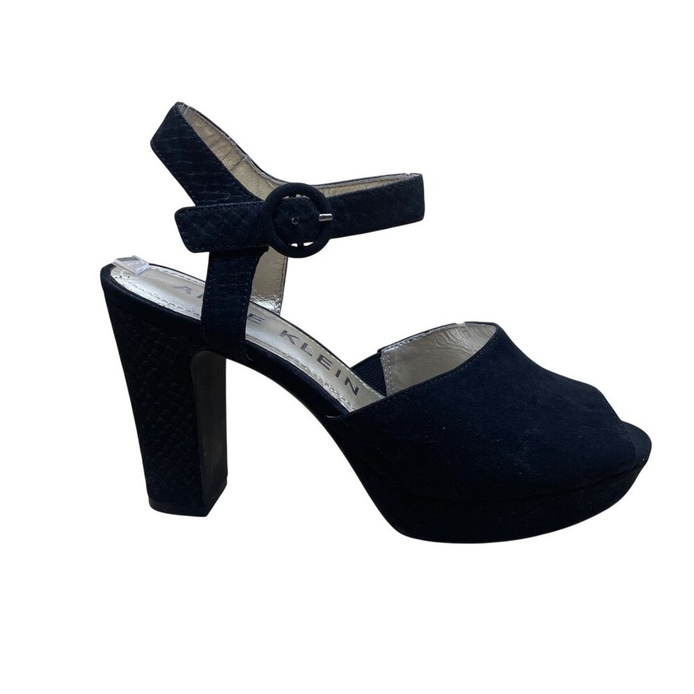 Anne Klein Women’s Black Suede Open Toe Buckle Strap Pearlina Heels Size 7.5 M